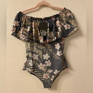 NWT Chaser Tropical Off Shoulder Ruffle Trim Bodysuit